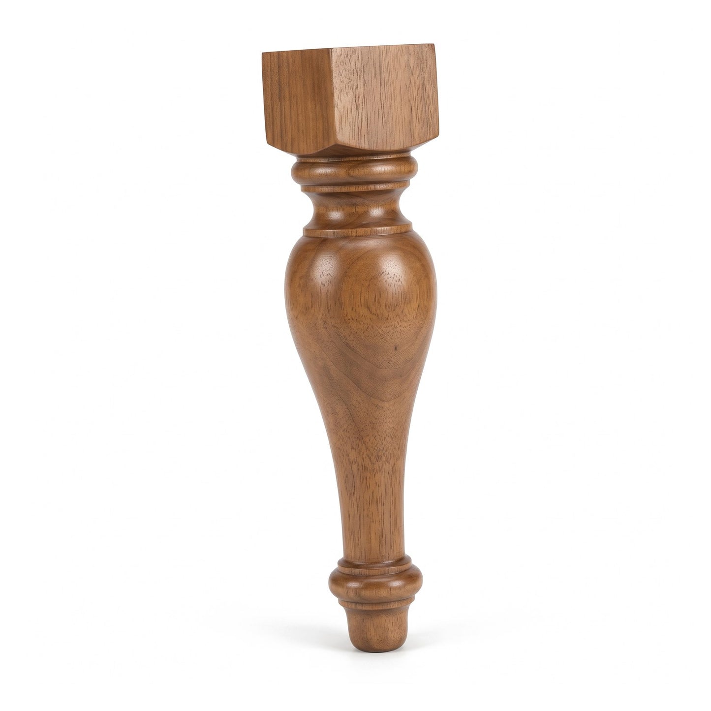 Pattern 4 vase-and-ring leg in African walnut, three-quarter angle on white showing the swelling urn belly and turned rings