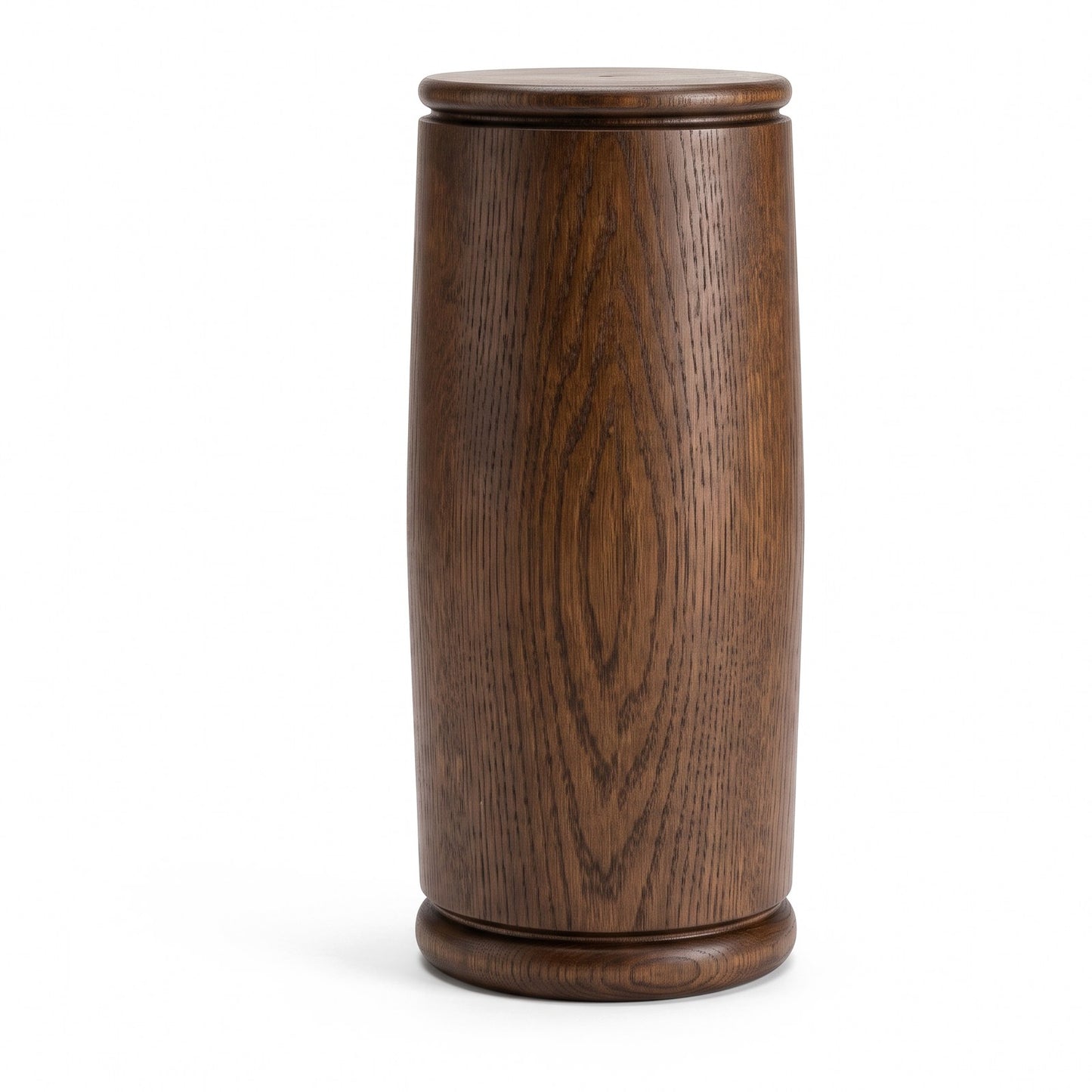 Floodgate fumed oak column leg, straight-on elevation on white showing the plain drum and turned plinth band
