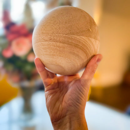 Hand-turned 14cm bespoke wooden ball, natural finish, solid oak walnut or pine, UK-made decorative sphere