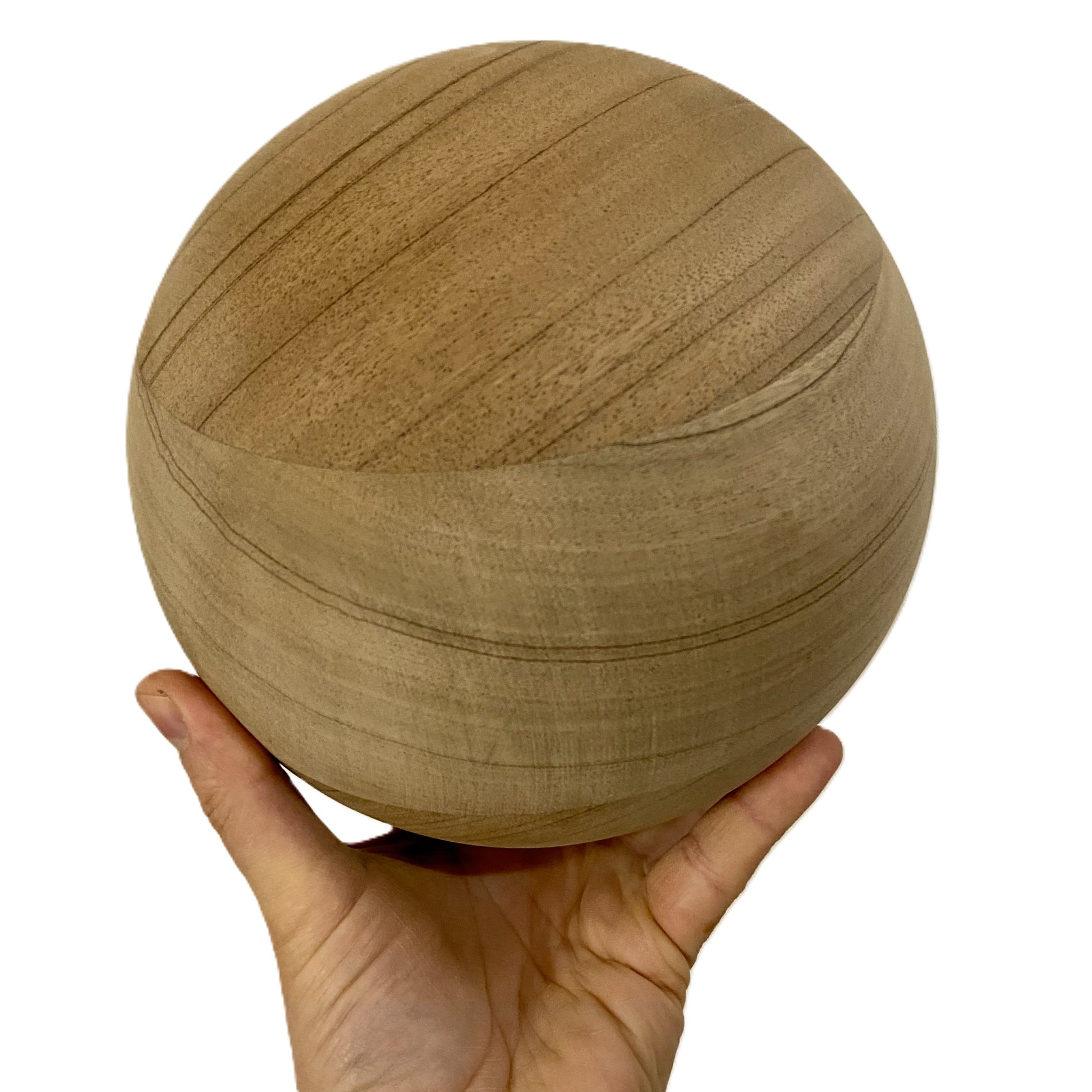 Hand-turned 17cm bespoke wooden ball, natural finish, solid oak walnut or pine, UK-made decorative sphere