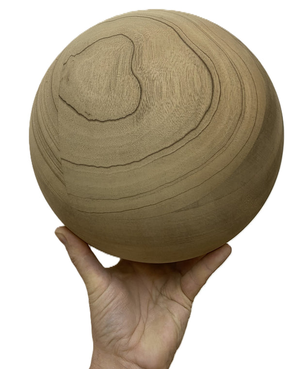 Hand-turned 19cm bespoke wooden ball, natural finish, solid oak walnut or pine, UK-made decorative sphere