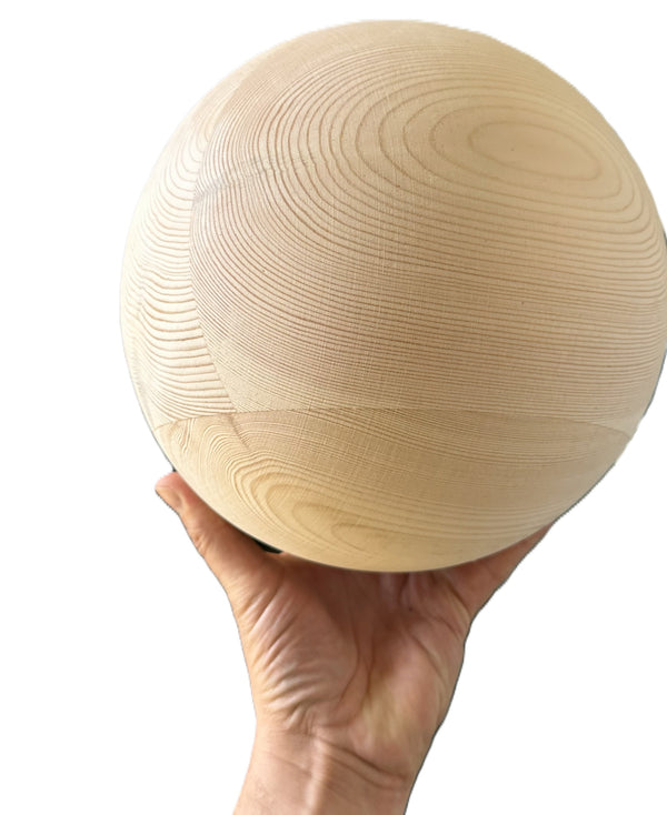 Hand-turned 22cm bespoke wooden ball, natural finish, solid oak walnut or pine, UK-made decorative sphere