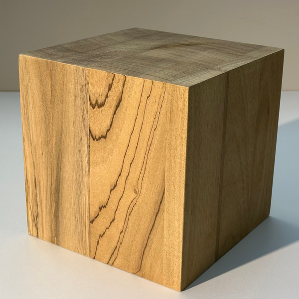 Solid 21cm natural wood cube, hand-finished smooth surface, UK-made display block