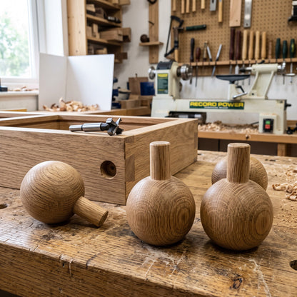 Solid oak Bordesley ball feet with integral turned dowel spigots on the workshop bench beside a cabinet base bored to take them