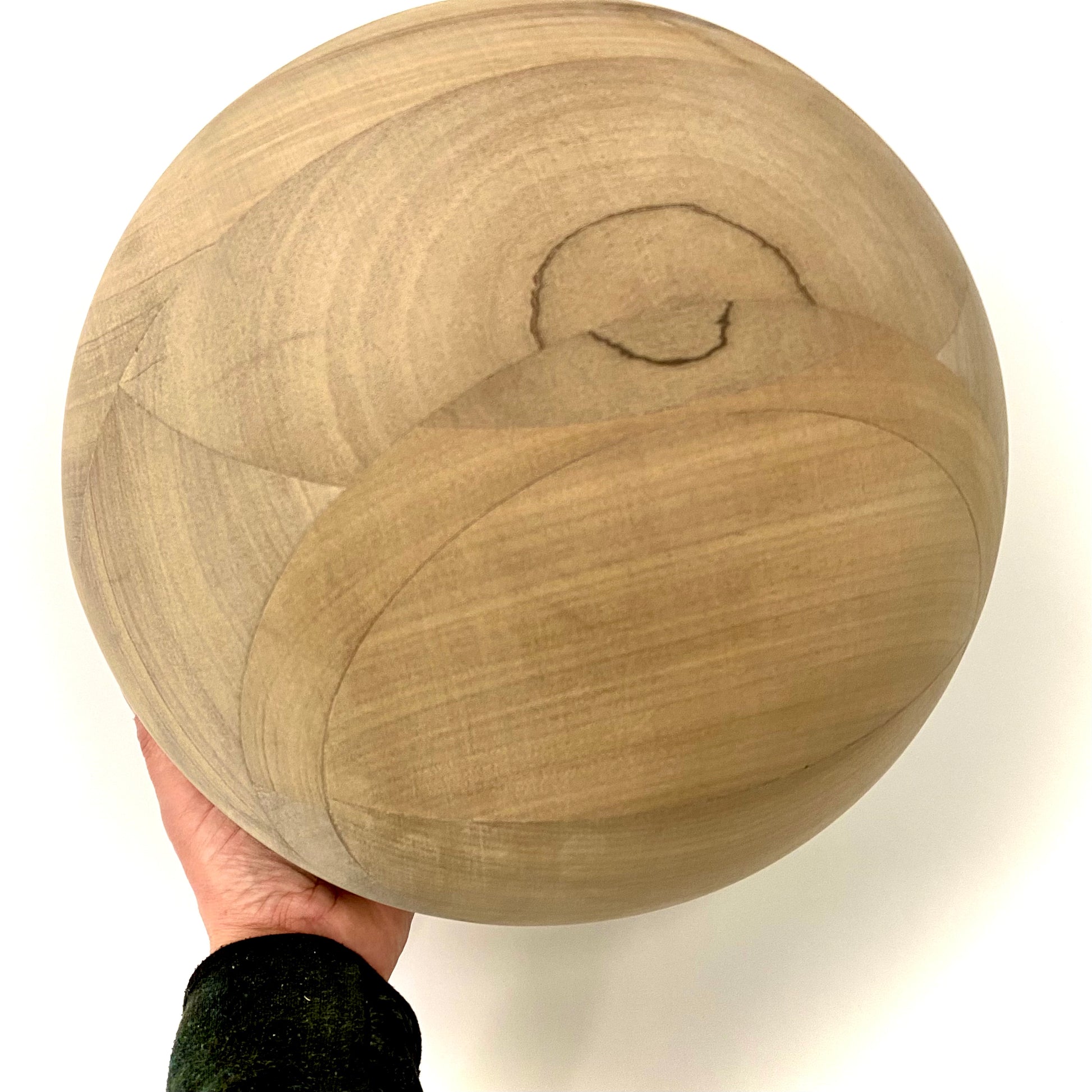 Hand-turned 34cm bespoke wooden ball, natural finish, solid oak walnut or pine, UK-made decorative sphere