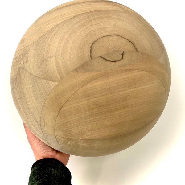 Hand-turned 34cm bespoke wooden ball, natural finish, solid oak walnut or pine, UK-made decorative sphere