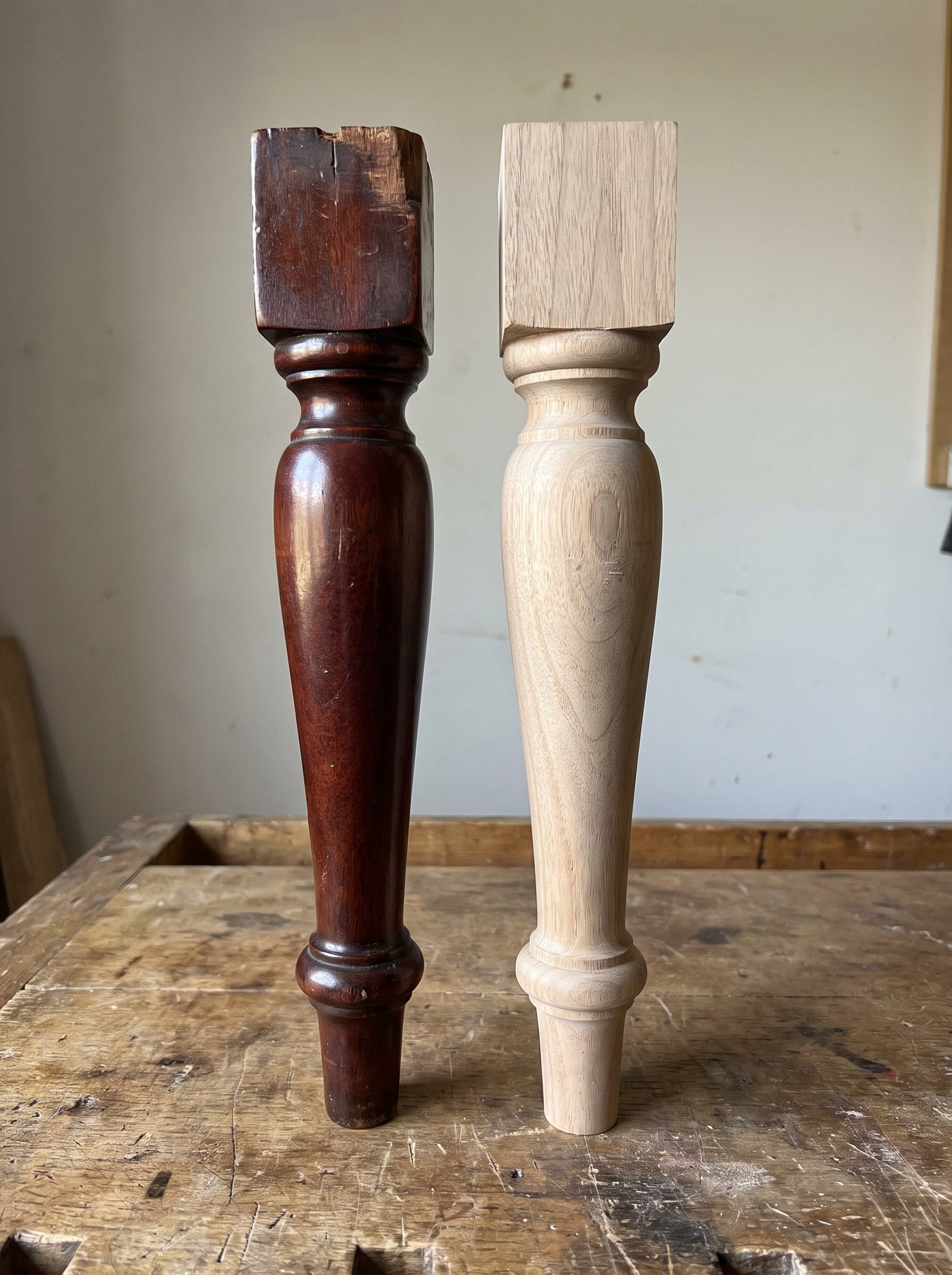 A newly turned African walnut Pattern 4 leg standing beside the century-old Victorian original it was turned to match