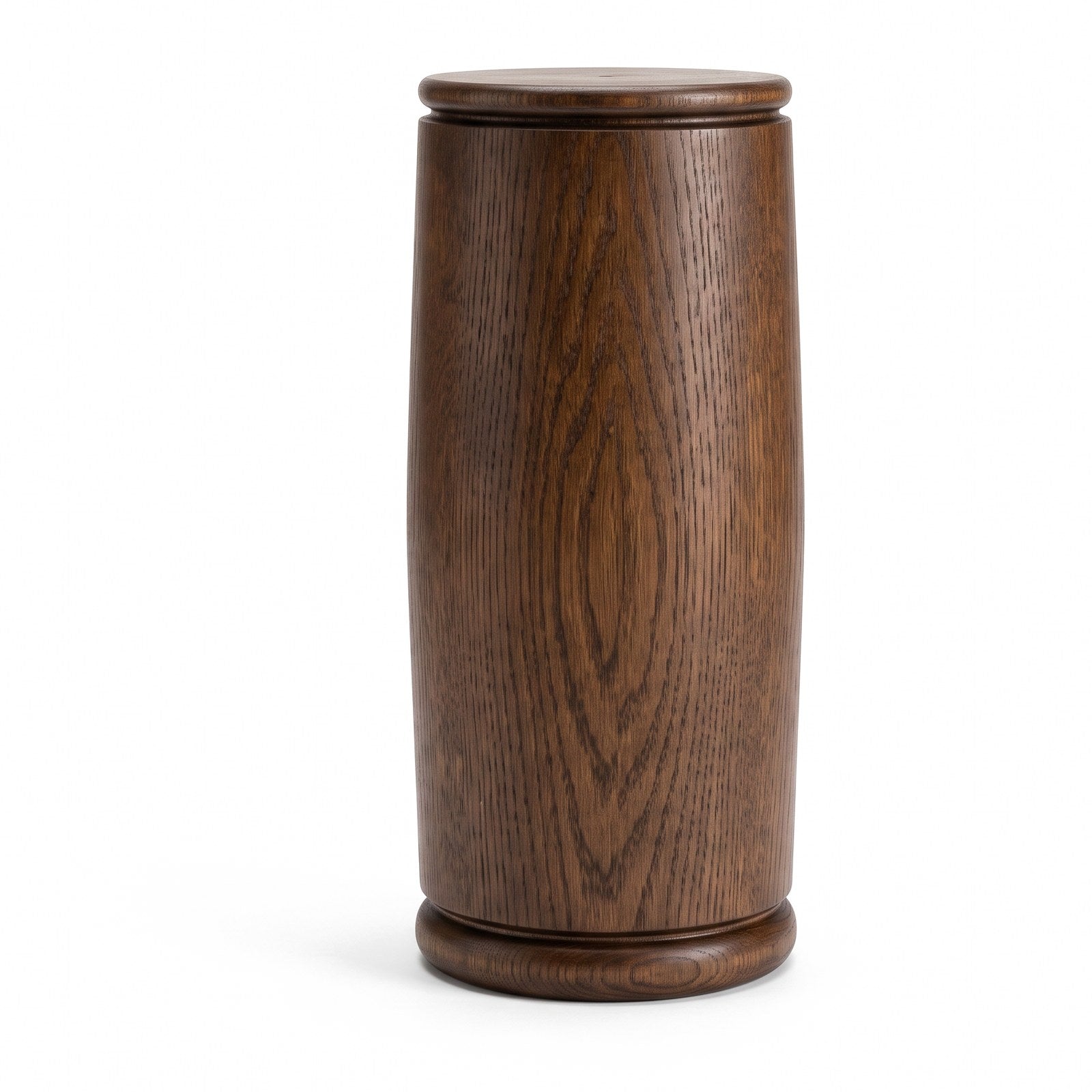Floodgate fumed oak column leg, straight-on elevation on white showing the plain drum and turned plinth band