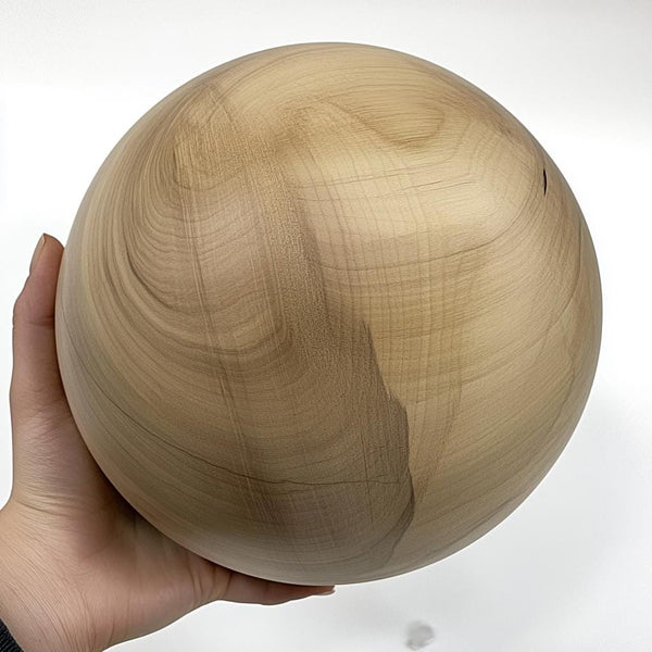 Hand-turned 29cm bespoke wooden ball, natural finish, solid oak walnut or pine, UK-made decorative sphere
