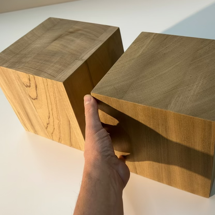 21 cm square Wooden Cube, in use with hand for scale | Farwinger