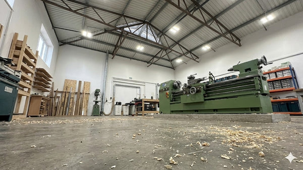 Farwinger workshop floor with lathe and tools